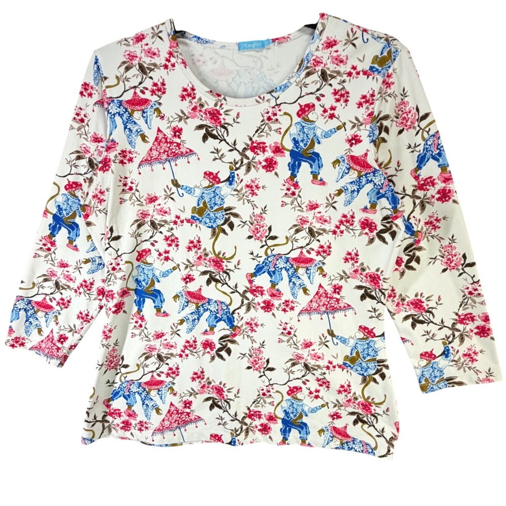 J McLaughlin Catalina Cloth Top Womens M White Pink Chinoiserie Monkey Floral